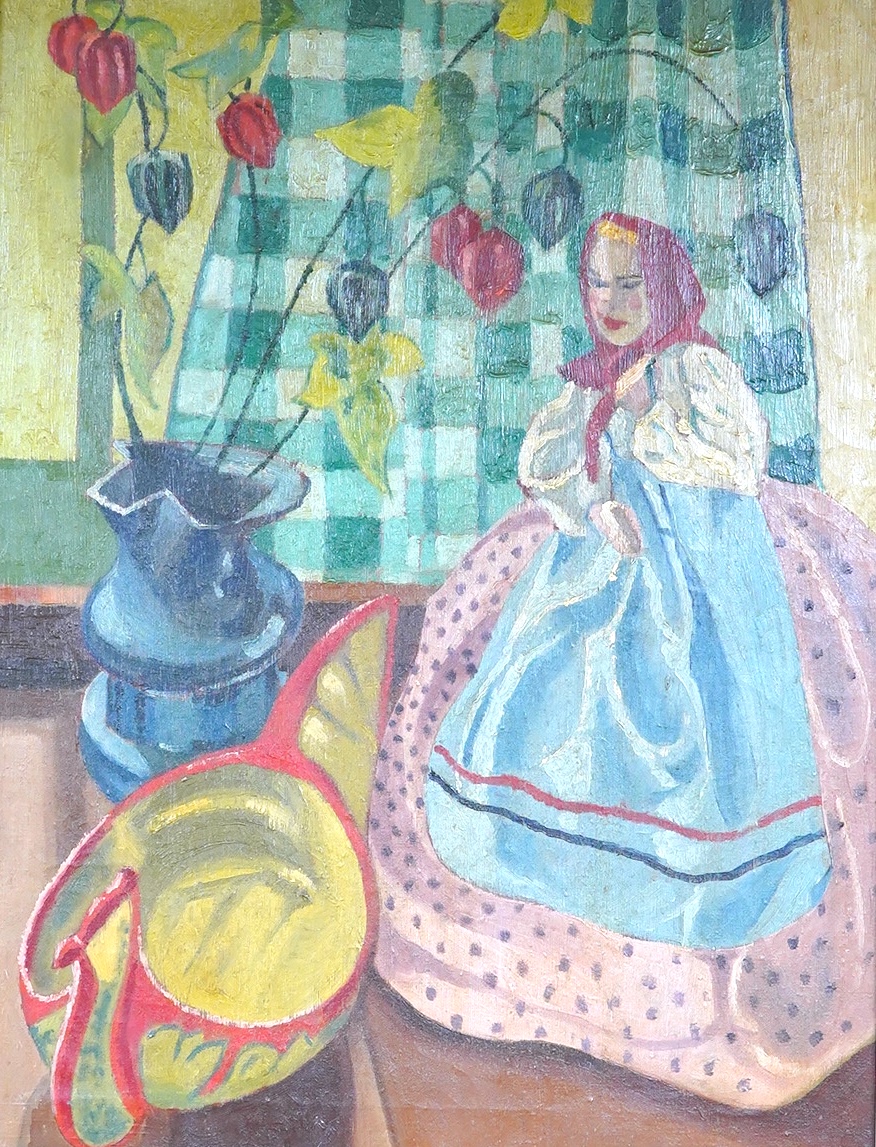 Zalman Pollen (ex. 1918), Still life with doll and flowers, unsigned, label verso, oil on canvas, 54 x 42cm